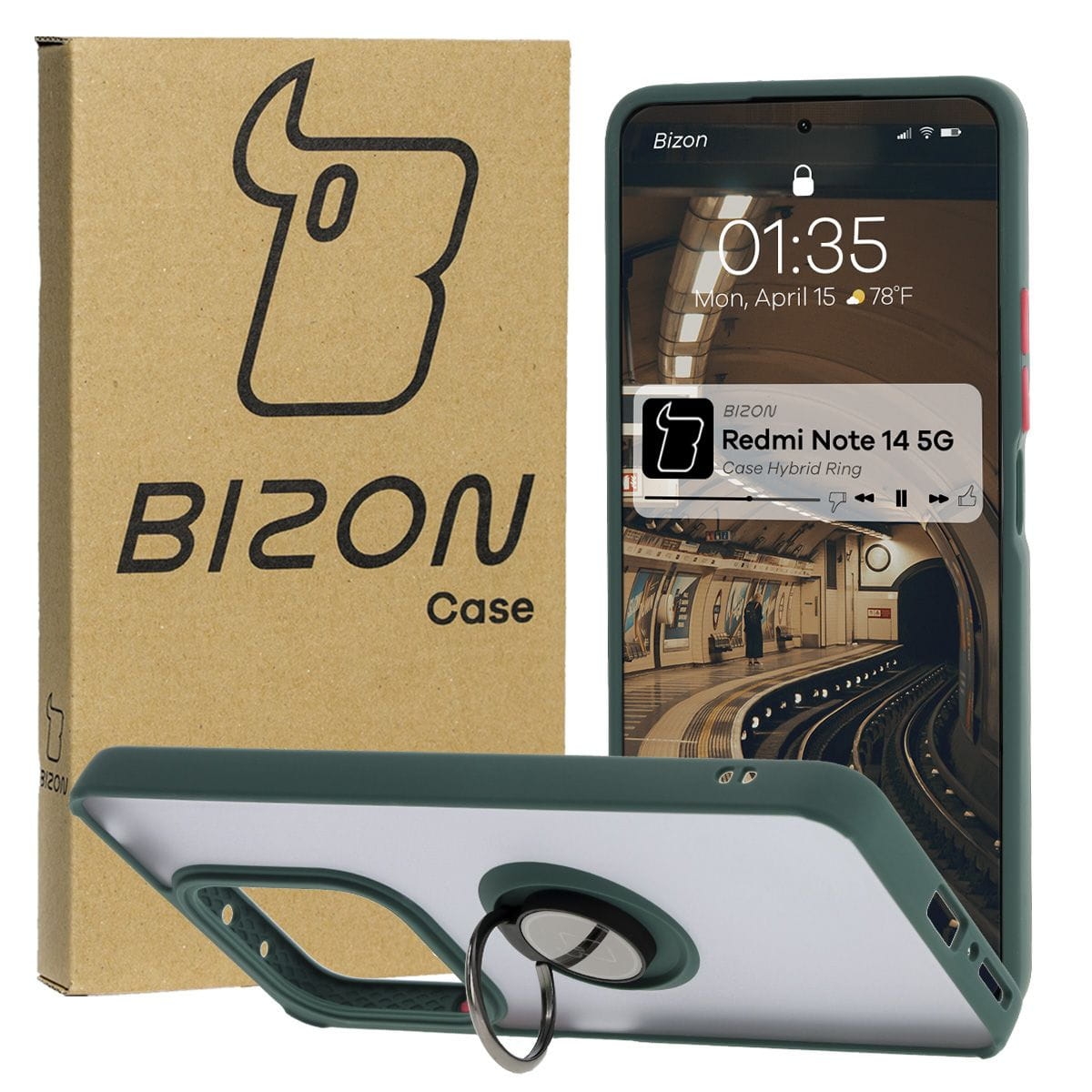 Image of Etui z uchwytem na palec Bizon Case Hybrid Ring do Xiaomi Redmi Note 14 5G, przydymione z ciemnozieloną ramką