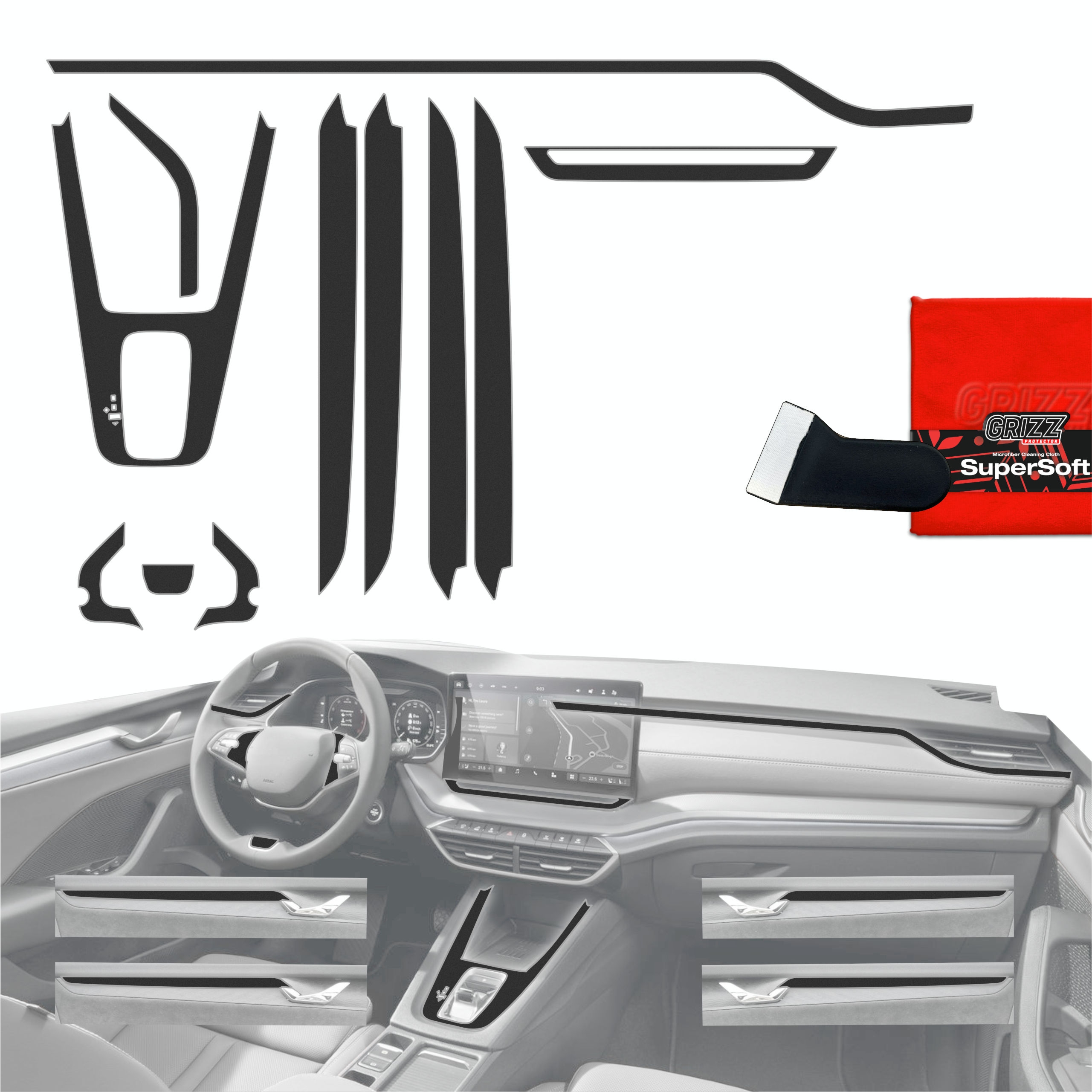 Folia do wnętrza Skoda Octavia 4 10″ Facelift (2024-2026) Grizz Protector 11w1 Czarna Antyodciskowa