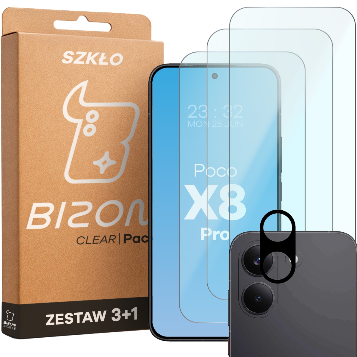 3x Szkło hartowane + szybka na aparat Bizon Glass Clear Pack do Xiaomi POCO X8 Pro