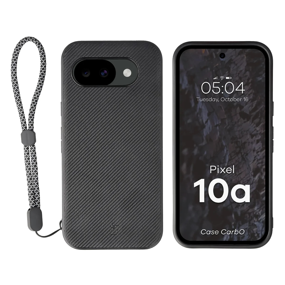 Etui ze smyczką na nadgarstek i pierścieniem magnetycznym Bizon Case CarbO do Google Pixel 10a, czarne