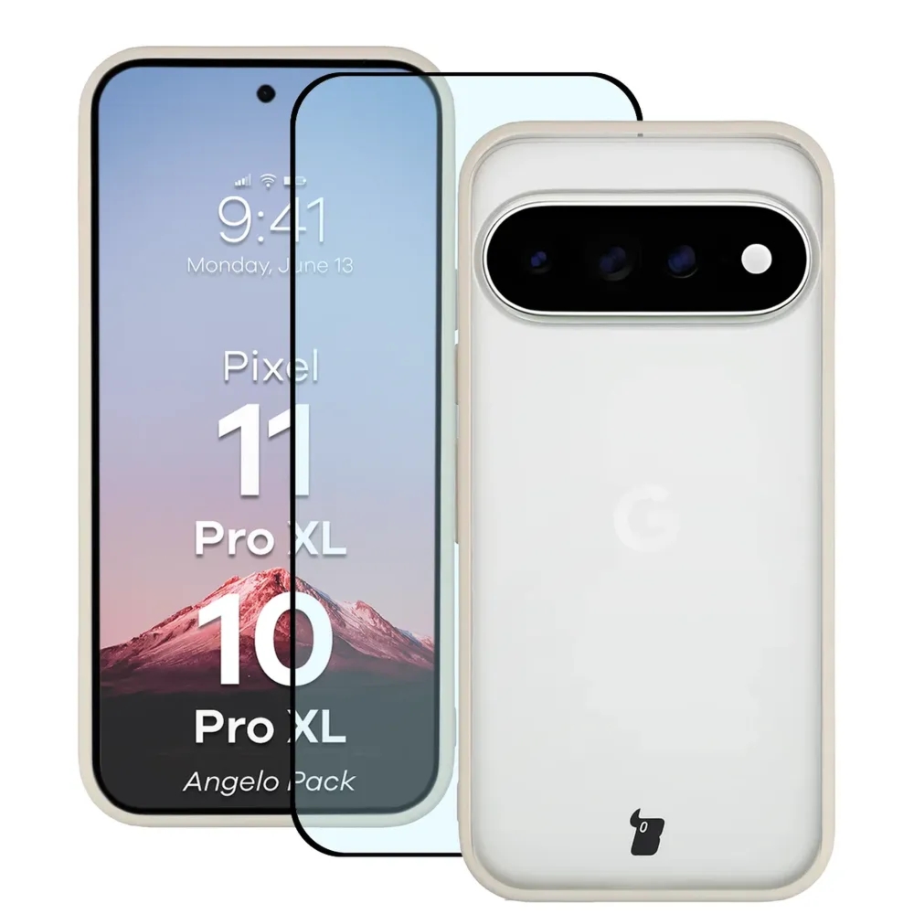 Etui + szkło hartowane Bizon Angelo Pack do Google Pixel 11 Pro XL / 10 Pro XL, półprzezroczyste z beżową ramką