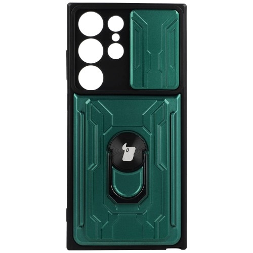Image of Etui Bizon Case Camshield Card Slot Ring do Galaxy S23 Ultra, zielone