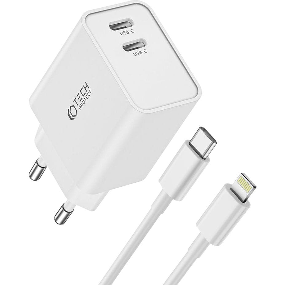 Image of Ładowarka sieciowa Tech-Protect C35W 2-PORT Network PD 35W USB-C + kabel Lightning, biała