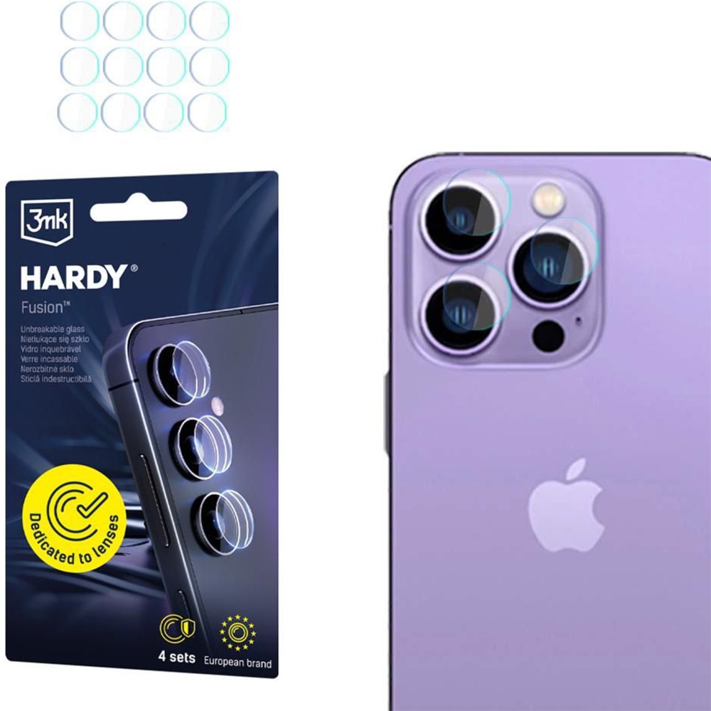 4x Szkło hybrydowe na soczewki aparatu, 3mk Hardy Fusion Lens Protection do iPhone 14 Pro / 14 Pro Max