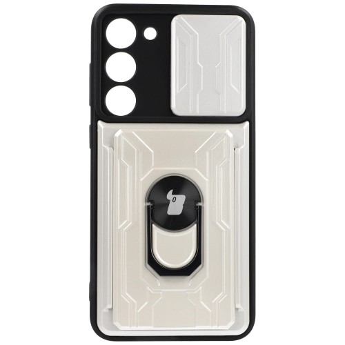 Image of Etui Bizon Case Camshield Card Slot Ring do Galaxy S23 Plus, białe