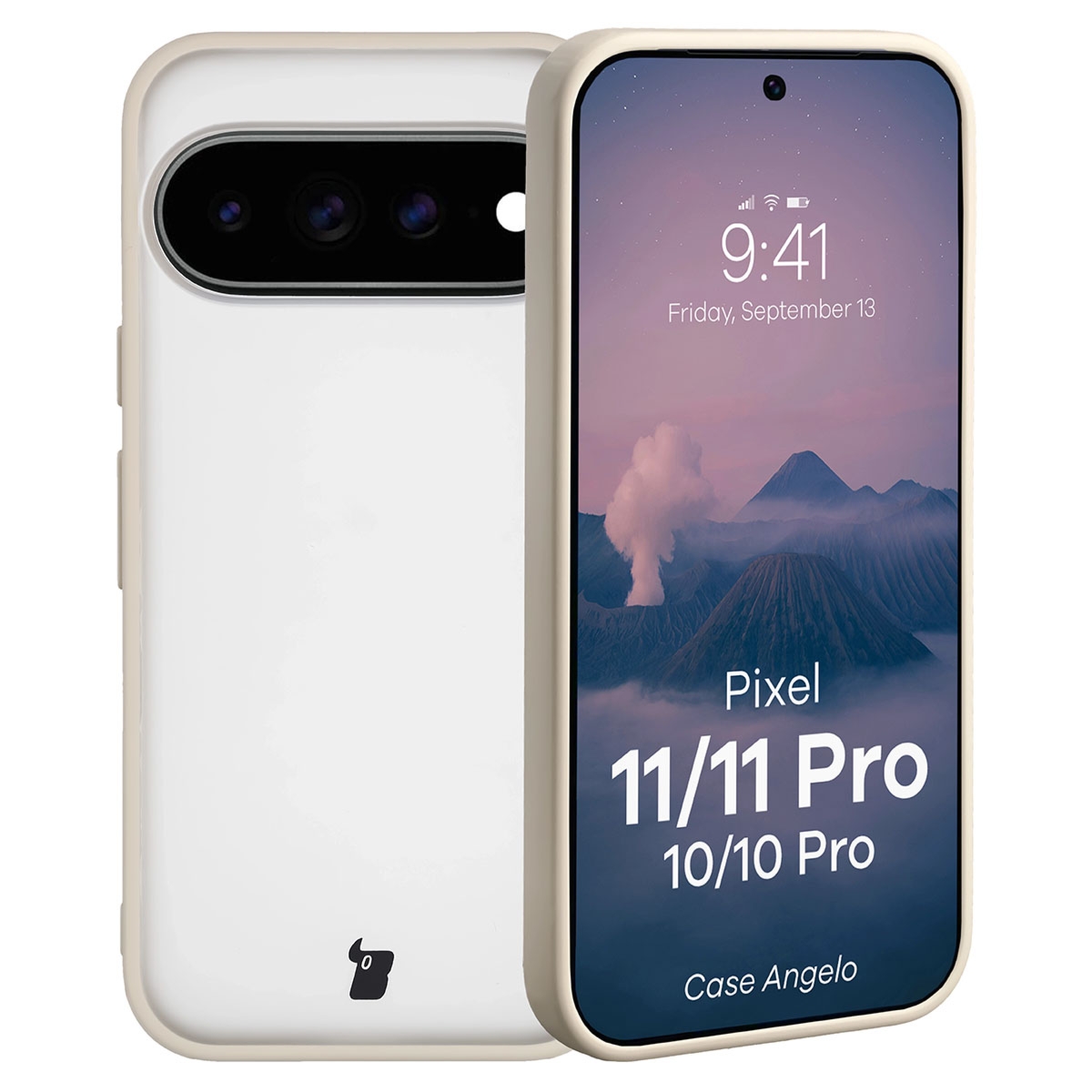 Etui Bizon Case Angelo do Google Pixel 11 / 11 Pro / 10 / 10 Pro, półprzezroczyste z beżową ramką