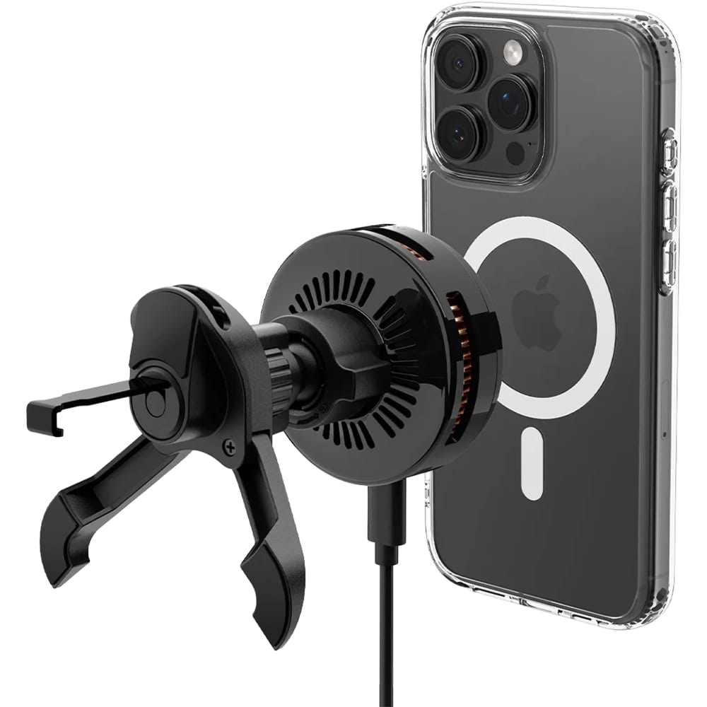 Uchwyt samochodowy z ładowaniem Qi 2.2 do MagSafe, 25W, Spigen Essential  Hook Car Mount, do kratki, kabel USB-C, czarny