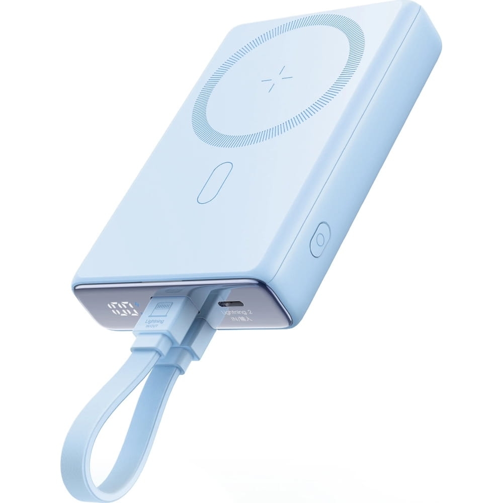 Image of Powerbank indukcyjny z podstawką Joyroom JR-PBM01 10000mAh do MagSafe, 20W + kabel USB-C - Lightning, niebieski