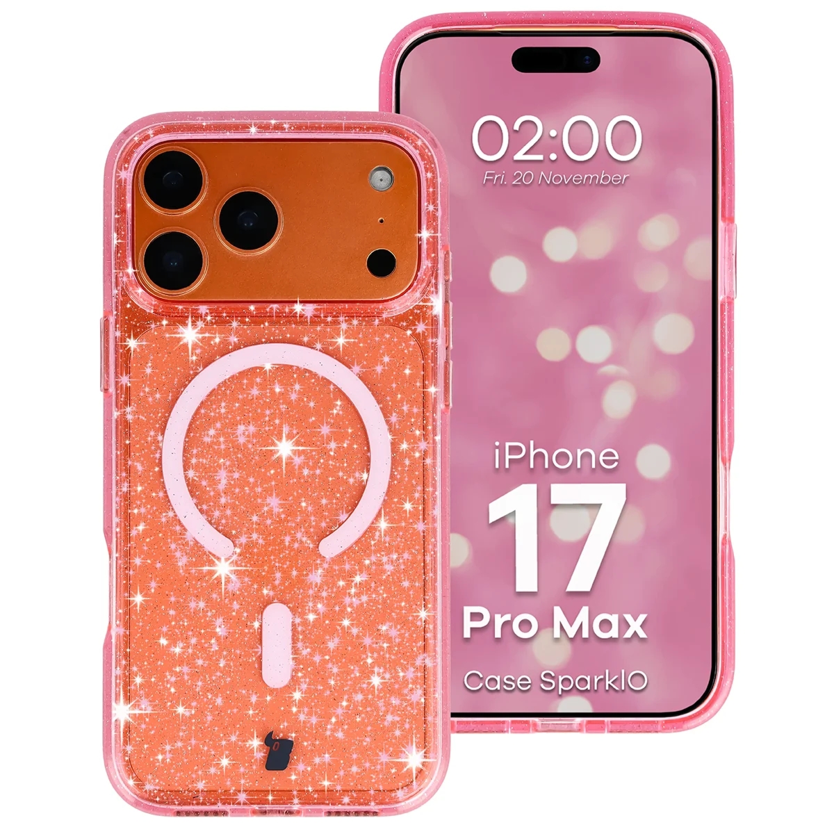 Etui brokatowe z pierścieniem magnetycznym Bizon Case SparklO do iPhone 17 Pro Max, przezroczysto-różowe z brokatem
