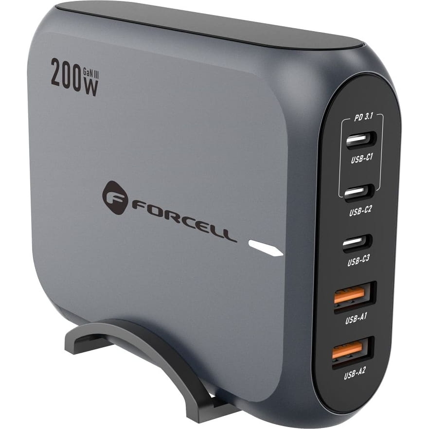Image of Ładowarka biurkowa, stacja ładująca Forcell F-Energy VT-51 200W, 3x USB-C / 2x USB-A PD QC 4.0 GaN III, szara