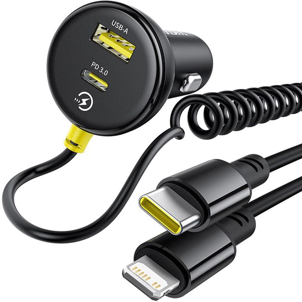 Image of Ładowarka samochodowa Baseus Circular 1x USB-A, 1x USB-C PD 3.0, 60W + kabel Lightning, USB-C, czarna