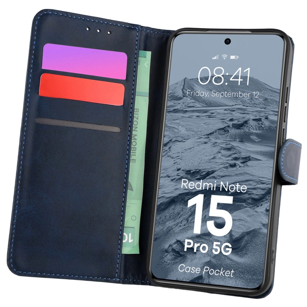 Etui z klapką Bizon Case Pocket do Xiaomi Redmi Note 15 Pro 5G, granatowe