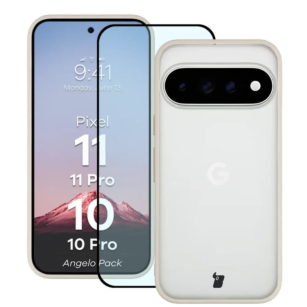Etui + szkło hartowane Bizon Angelo Pack do Google Pixel 11 / 11 Pro / 10 / 10 Pro, półprzezroczyste z beżową ramką