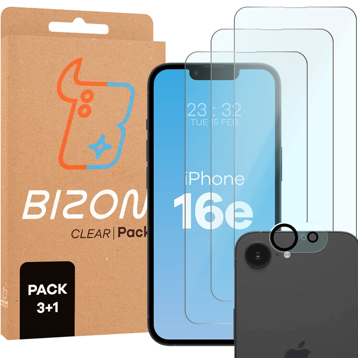 Image of 3x Szkło hartowane + szybka na aparat Bizon Glass Clear 2 Pack do iPhone 16e