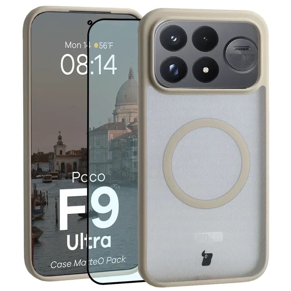 Etui z pierścieniem magnetycznym + szkło hartowane Bizon MatteO Pack do Xiaomi POCO F9 Ultra, przydymione-beżowe