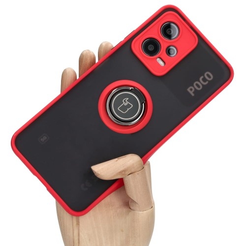 Image of Etui z uchwytem na palec Bizon Case Hybrid Ring do Xiaomi Poco X5 / Redmi Note 12 5G, przydymione z czerwoną ramką