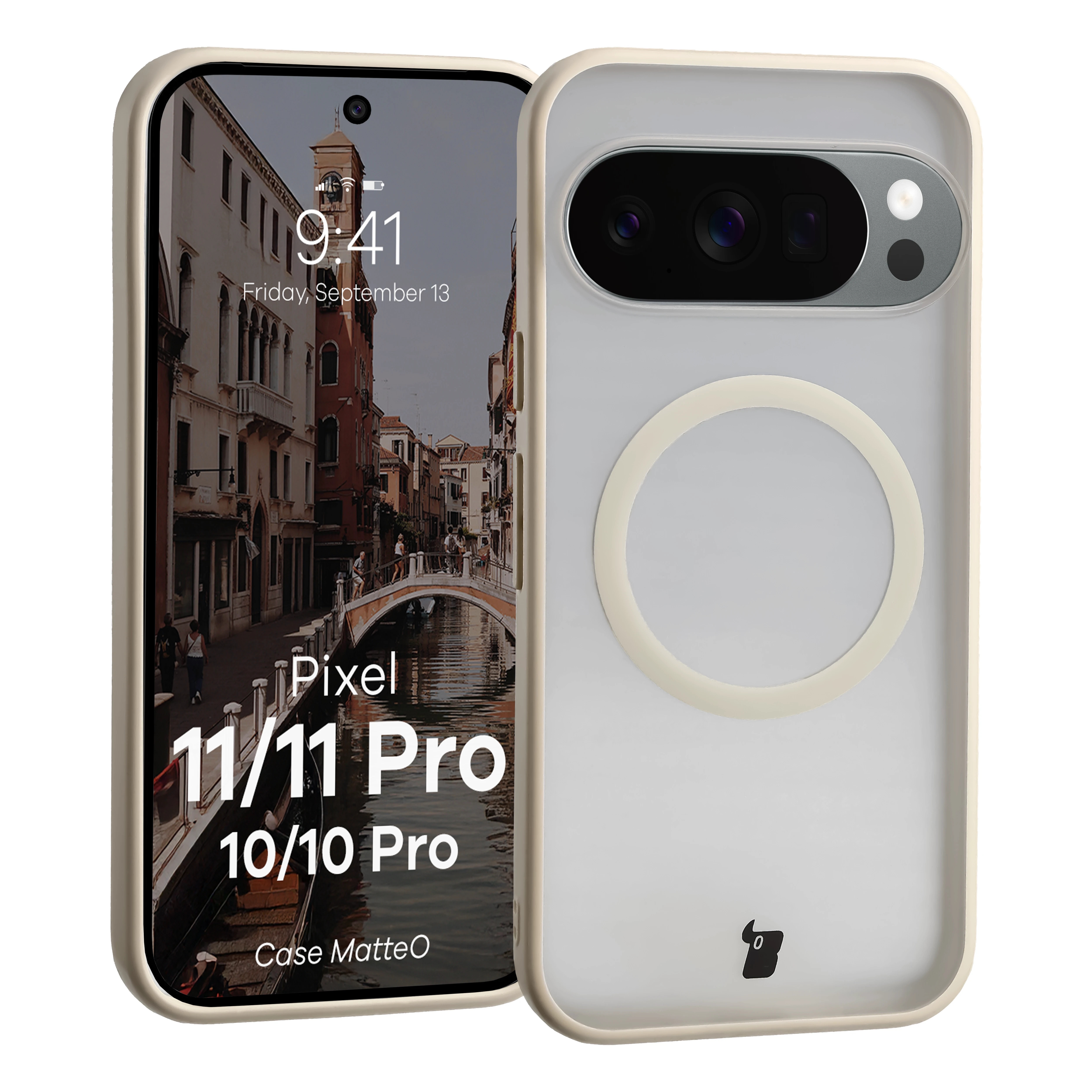 Etui z pierścieniem magnetycznym Bizon Case MatteO do Google Pixel 11 / 11 Pro / 10 / 10 Pro, przydymione-beżowe