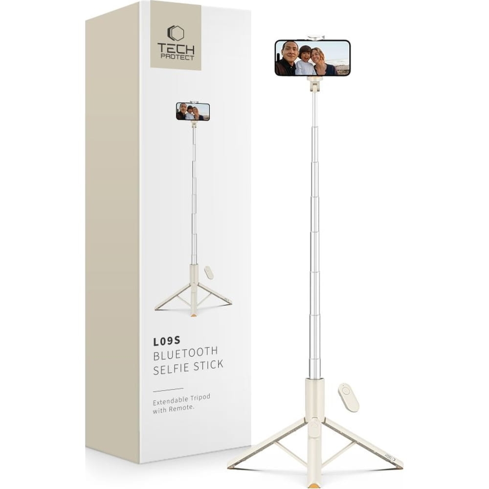 Uchwyt, kijek, statyw Tech-Protect L09S Wireless Selfie Stick Tripod Bluetooth, beżowy