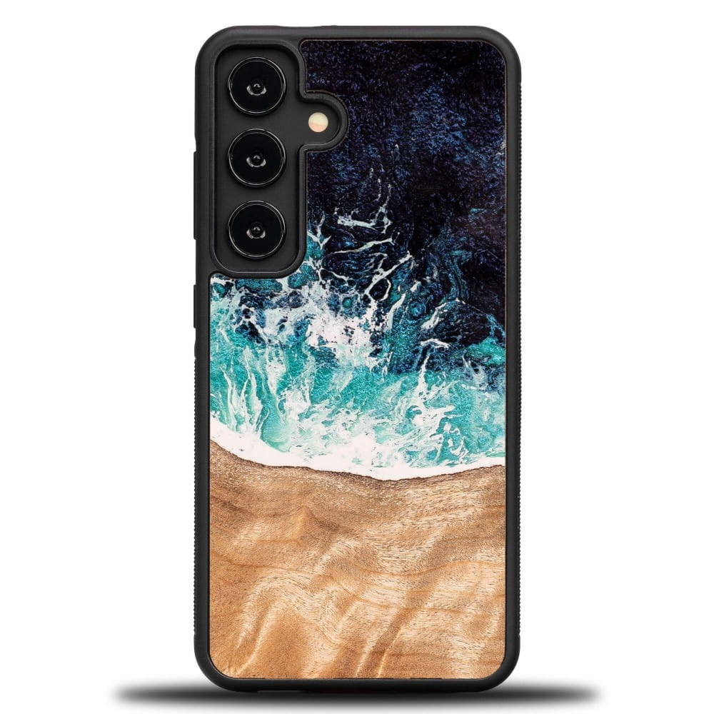 Drewniane etui do Galaxy S25, Bewood Unique Dream Island, niebiesko-brązowe