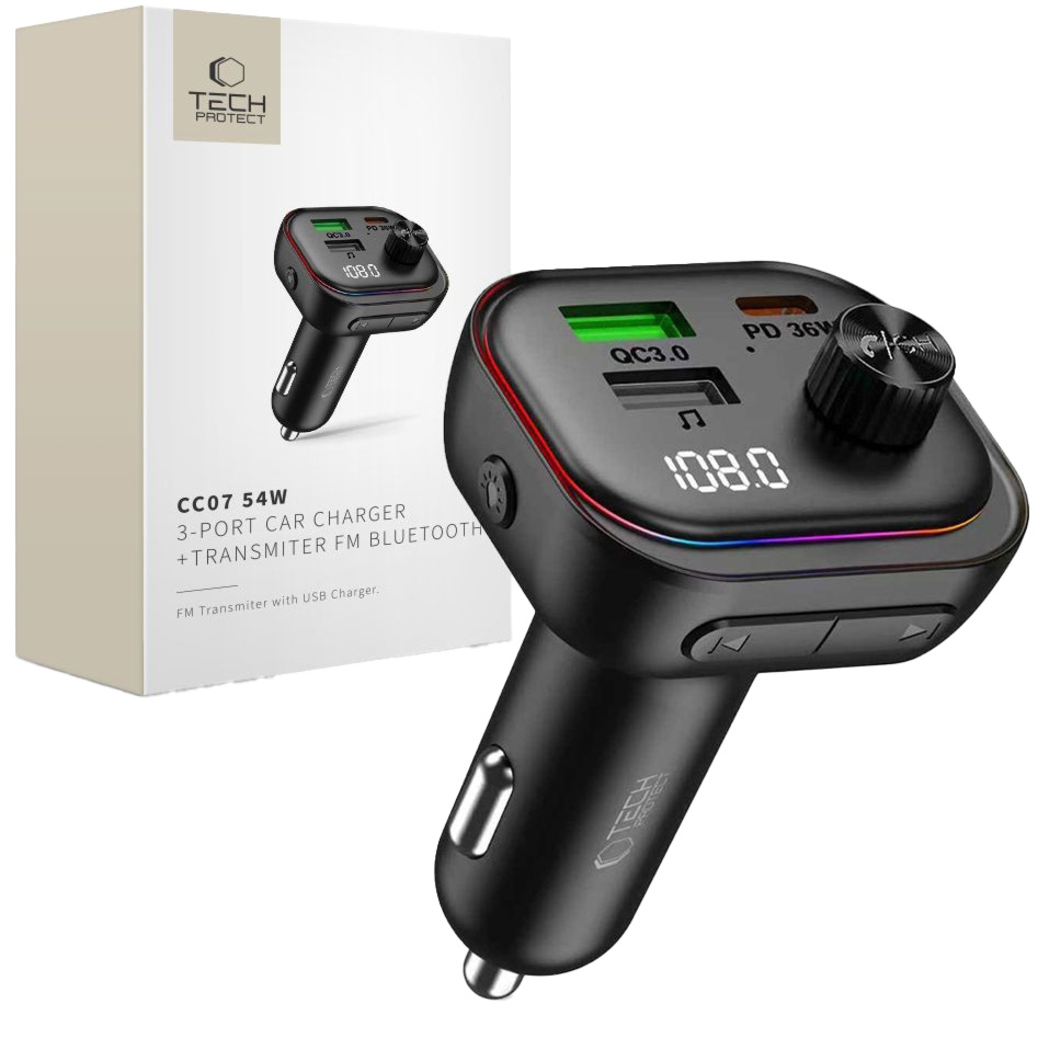 Transmiter FM z Bluetooth + ładowarka samochodowa 54W, Tech-Protect CC07, 2x USB-A, 1x USB-C, czarny