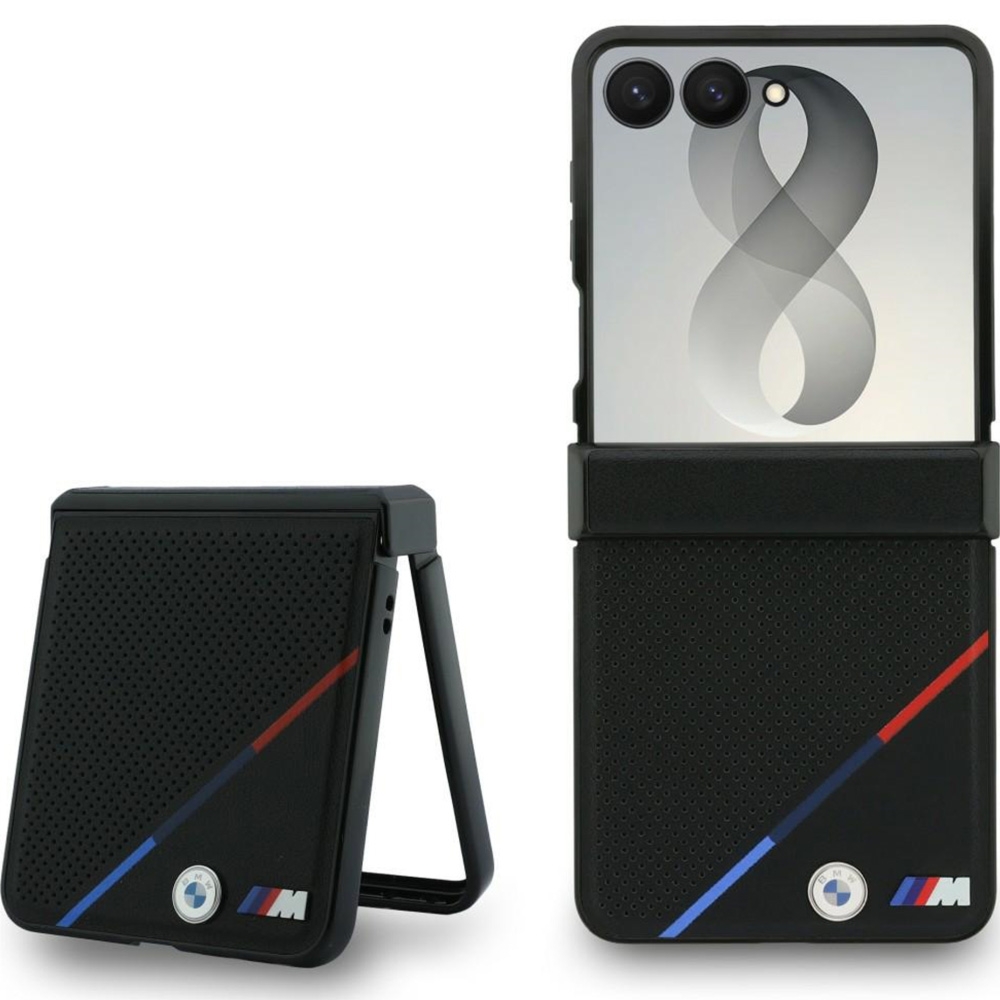 Etui BMW M Leather Perforated Tricolor Stripe Metal Logos MagSafe do Galaxy Z Flip8, czarne