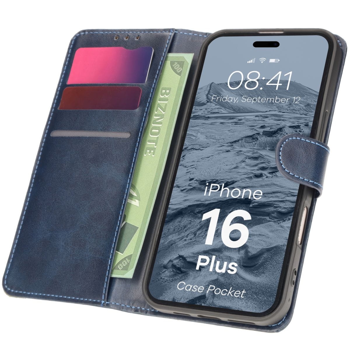 Etui z klapką Bizon Case Pocket do iPhone 16 Plus, granatowe