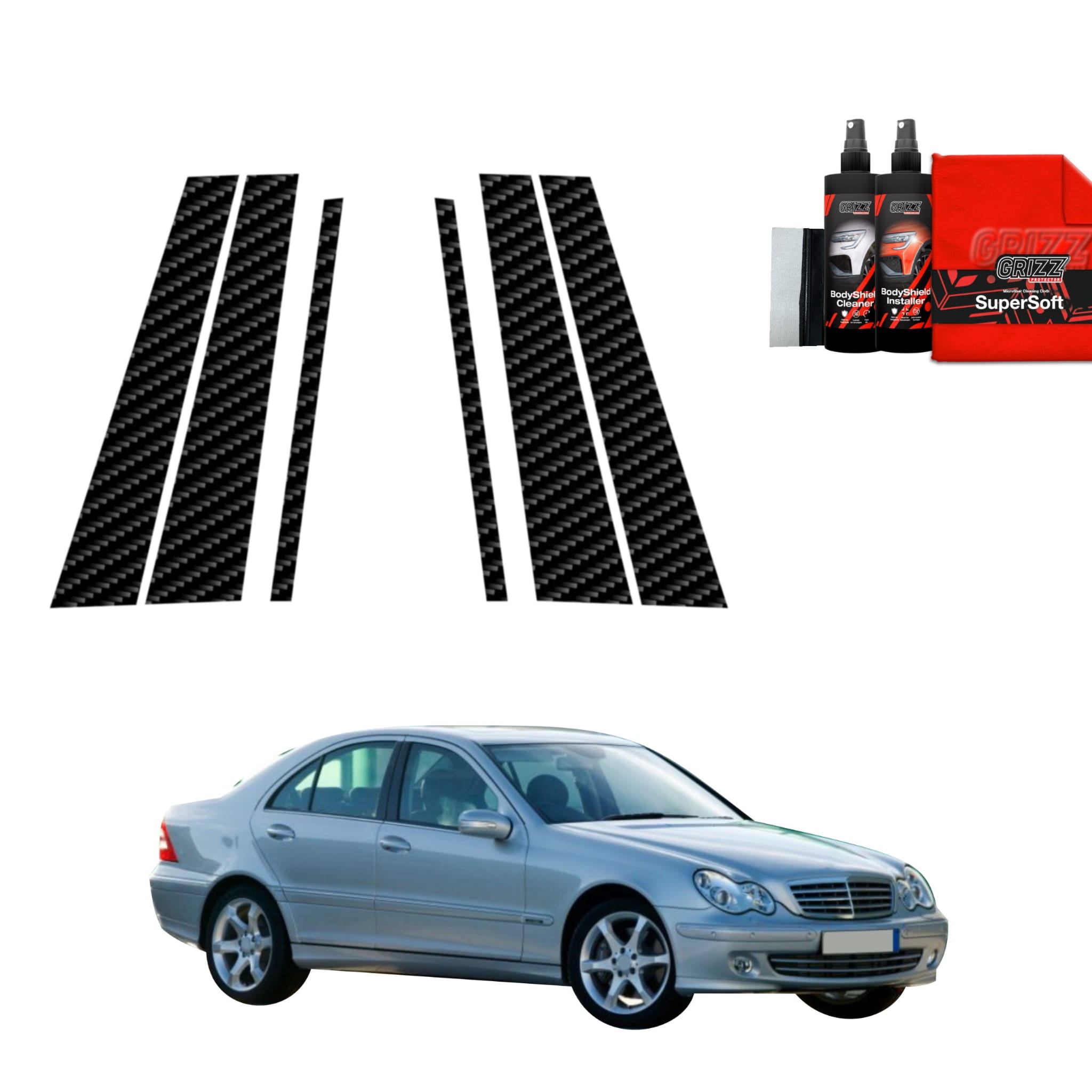 6w1 Folia karbonowa Grizz Protector na słupki do Mercedes Benz C Klasa W203 Sedan (2000-2007)