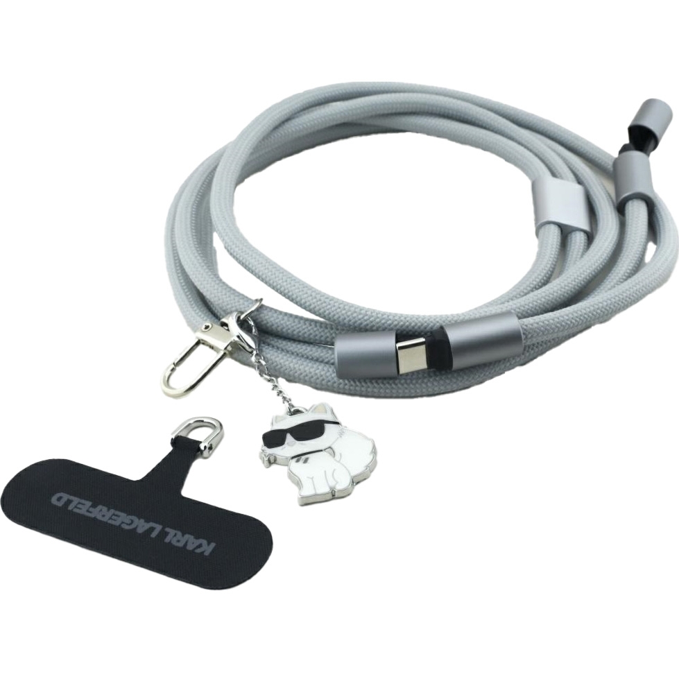 Smyczka na ramię do telefonu z kablem USB-C-USB-C Karl Lagerfeld CBDY Choupette Charm, 150 cm, szary