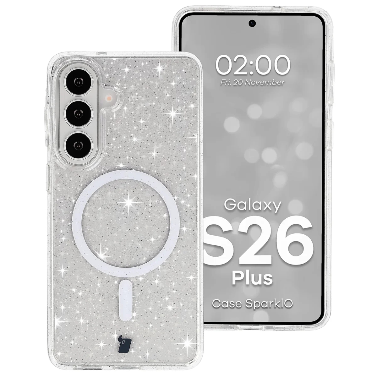 Etui brokatowe z pierścieniem magnetycznym Bizon Case SparklO do Galaxy S26 Plus, przezroczyste z brokatem