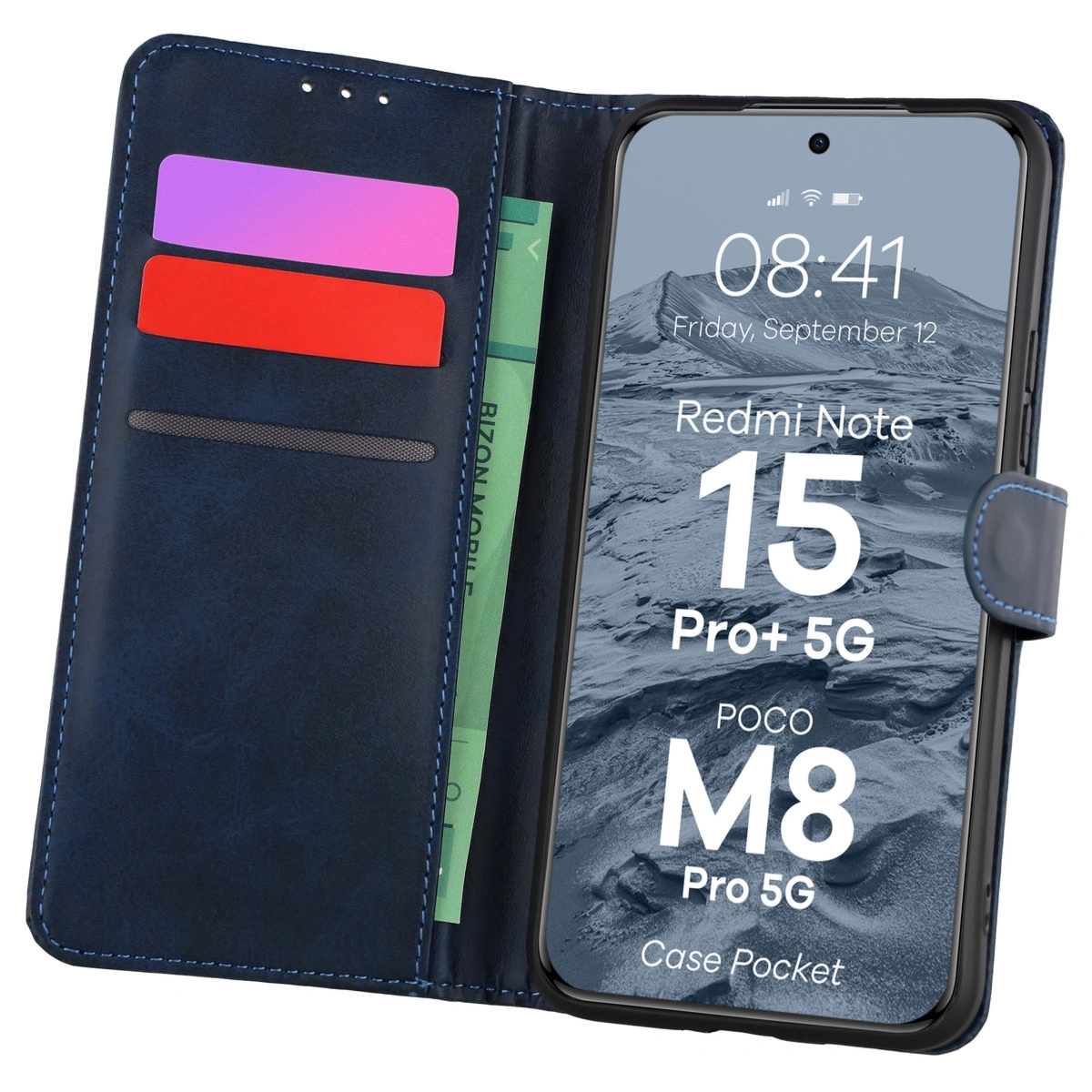 Etui z klapką Bizon Case Pocket do Xiaomi Redmi Note 15 Pro Plus 5G / POCO M8 Pro 5G, granatowe