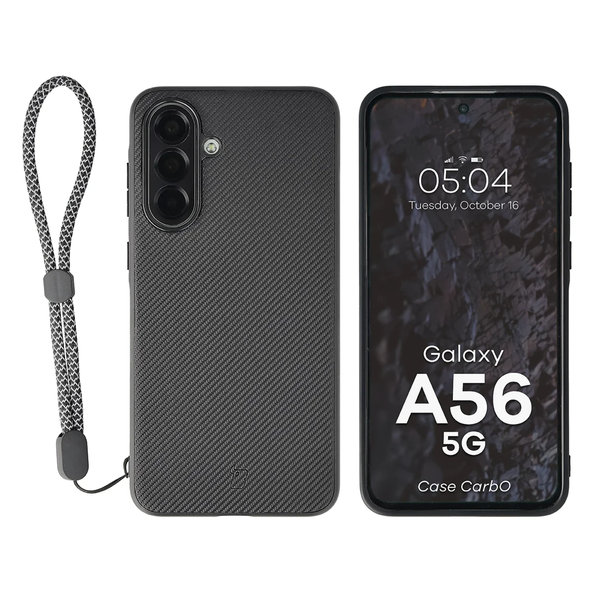 Etui ze smyczką na nadgarstek i pierścieniem magnetycznym Bizon Case CarbO do Galaxy A56 5G, czarne