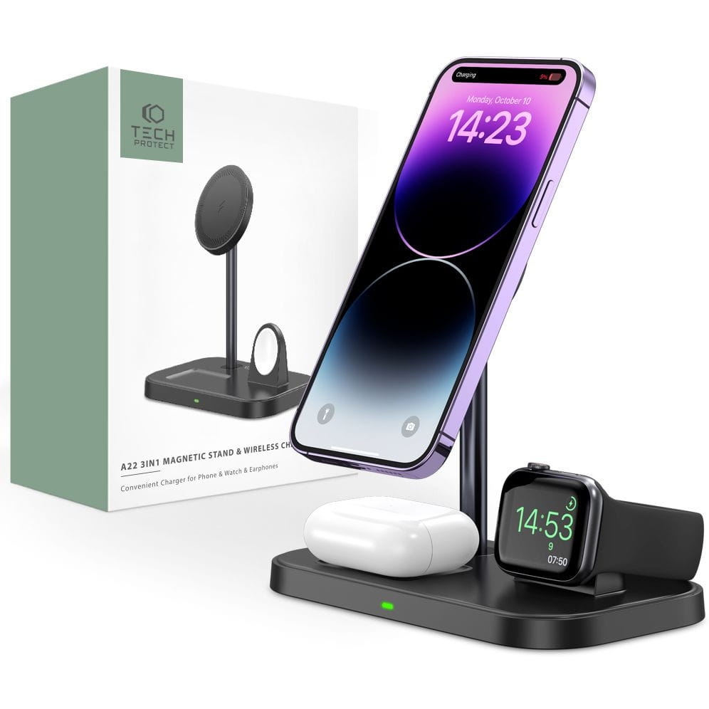 Image of OUTLET: Ładowarka indukcyjna Tech-Protect Qi15W A22 3IN1 Magnetic Magsafe Wireless Charger, czarna