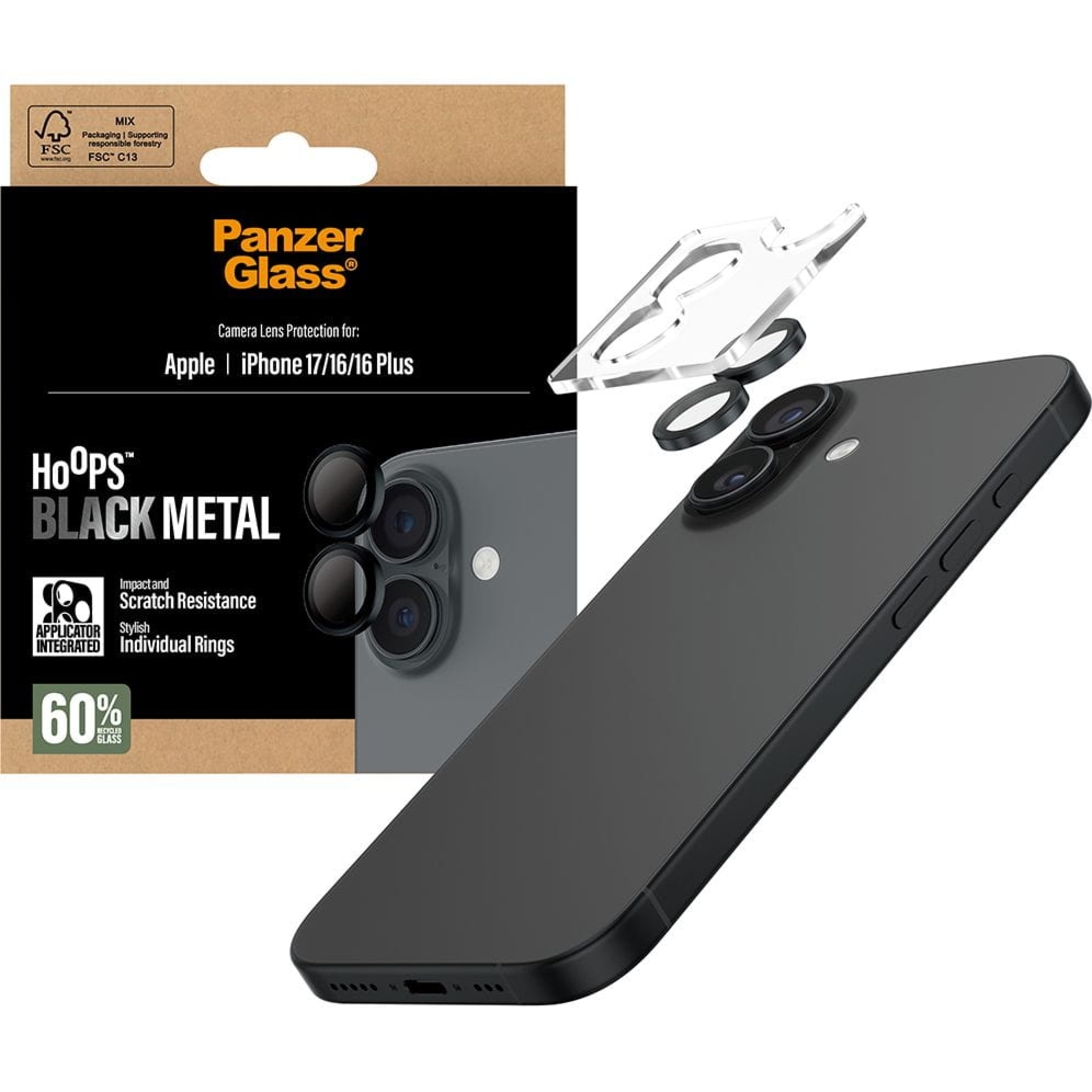 Szkło hartowane na aparat z aplikatorem PanzerGlass Hoops do iPhone 17 / 16 Plus / 16, przezroczysto-czarne