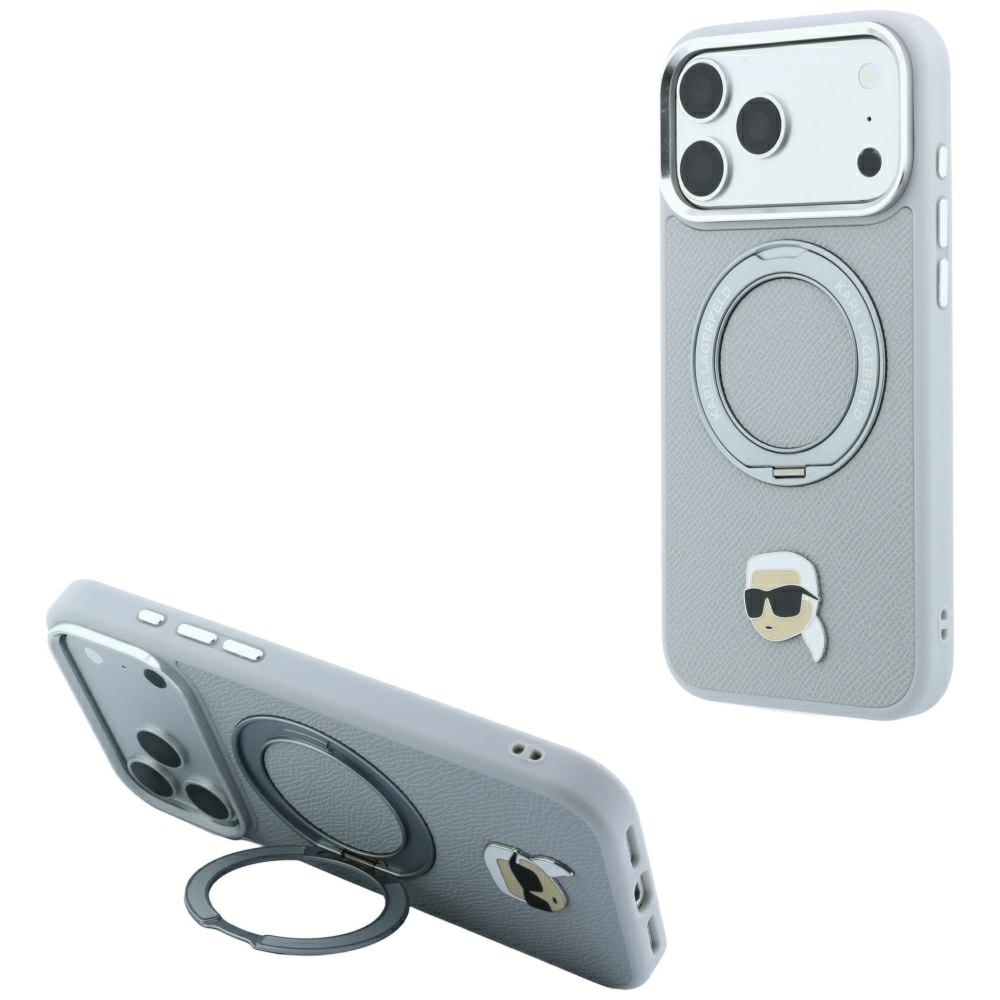 Etui Karl Lagerfeld Ring Stand 360 Karl Head Pin do iPhone 18 Pro Max / 17 Pro Max do MagSafe, szare