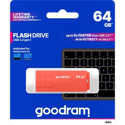 Image of Pendrive USB-A 3.2 Gen 1, Goodram UME3 64GB, 60MB/s, pomarańczowy