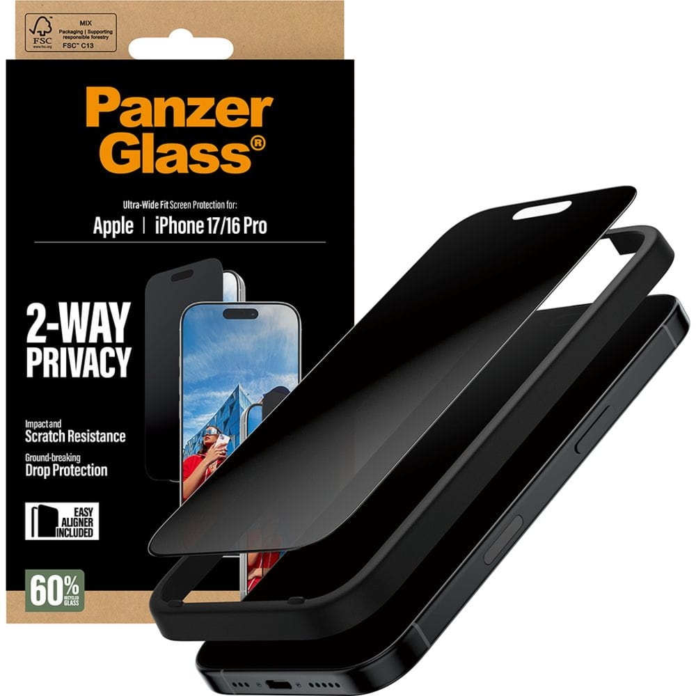 Szkło prywatyzujące z aplikatorem PanzerGlass 2-way Ultra-Wide Fit Privacy + EasyAligner do iPhone 17 / 16 Pro