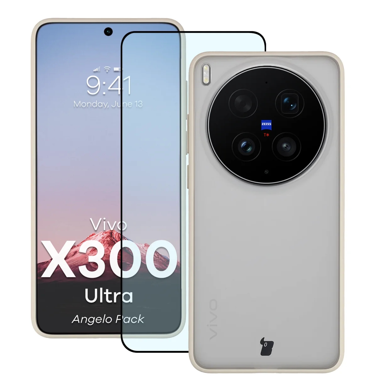 Etui + szkło hartowane Bizon Angelo Pack do Vivo X300 Ultra, półprzezroczyste z beżową ramką