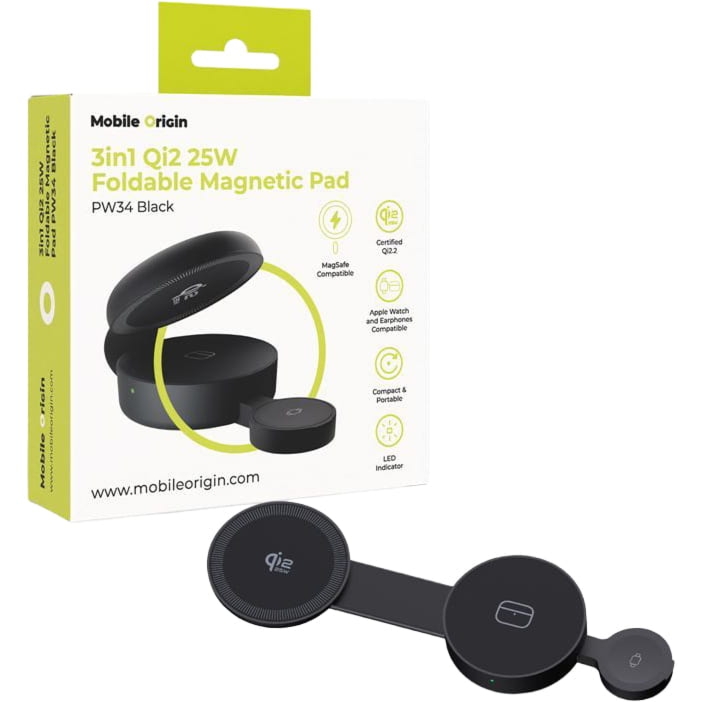 Składana ładowarka indukcyjna 3w1, Qi2.2 25W, Mobile Origin Foldable Magnetic Pad PW34, 32.5W, kabel USB-C, czarna