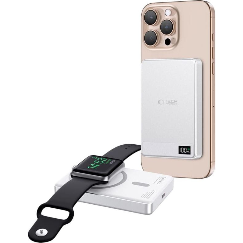 Powerbank z ładowaniem indukcyjnym do telefonu/zegarka do MagSafe 5000mAh i kablem USB-C, Tech-Protect PB33 LifeMag,  srebrny