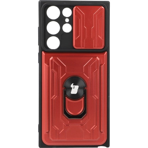 Image of Etui Bizon Case Camshield Card Slot Ring do Galaxy S22 Ultra, czerwone