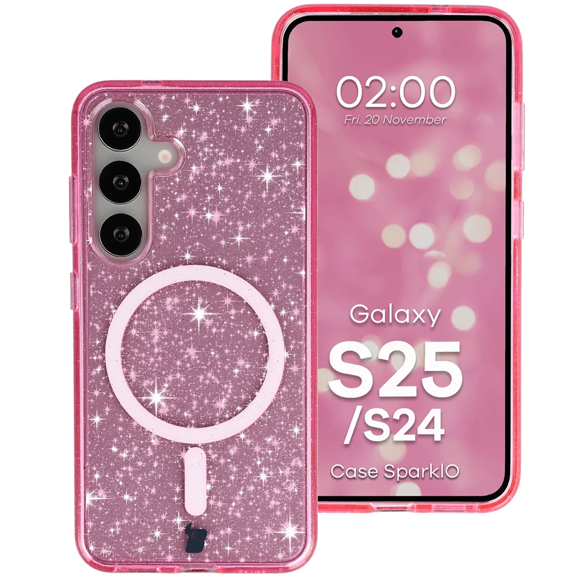 Etui brokatowe z pierścieniem magnetycznym Bizon Case SparklO do Galaxy S25 / S24, przezroczysto-różowe z brokatem