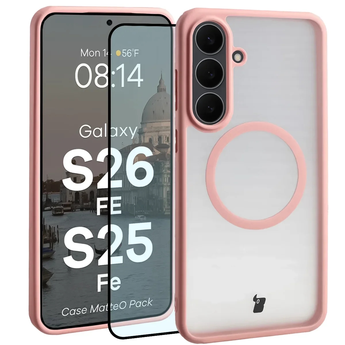 Etui z pierścieniem magnetycznym + szkło hartowane Bizon MatteO Pack do Galaxy S26 FE / S25 FE, przydymione-jasnoróżowe