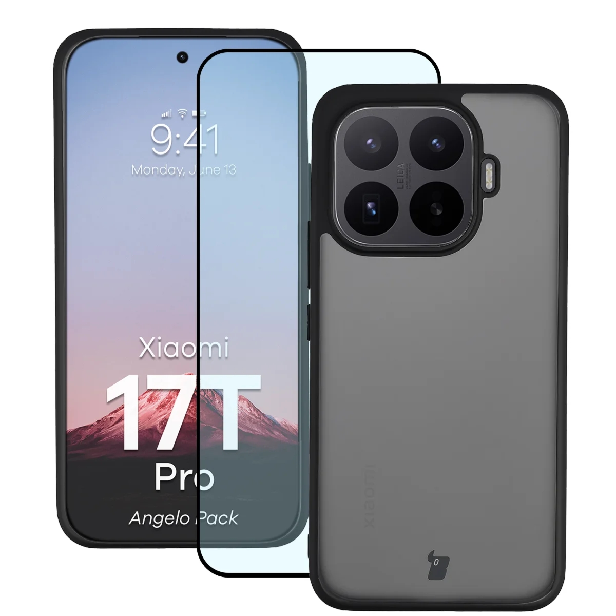 Etui + szkło hartowane Bizon Angelo Pack do Xiaomi 17T Pro, przydymione z czarną ramką