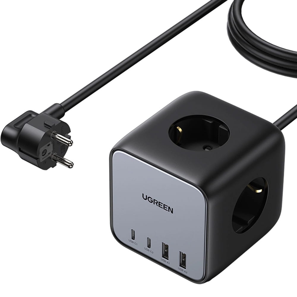 Listwa zasilająca / przedłużacz Ugreen CD268 USB 65W / AC 3680W, 2x USB-A, 2x USB Typ C, 3x Schuko (F), czarna