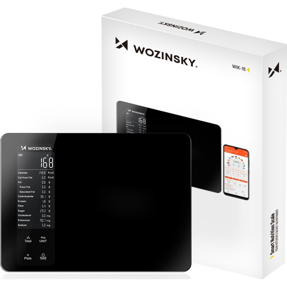 Inteligentna waga kuchenna Wozinsky WIK-16 z wyświetlaczem cyfrowym i Bluetooth, czarna