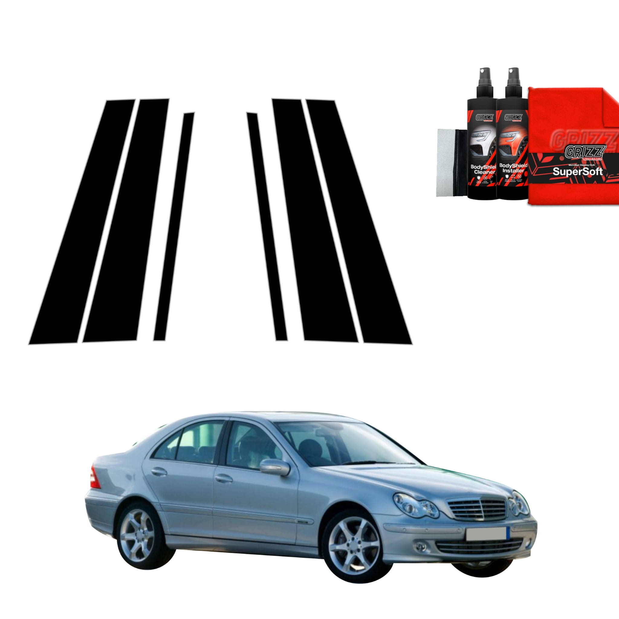 6w1 Czarna folia Grizz Protector na słupki do Mercedes Benz C Klasa W203 Sedan (2000-2007)