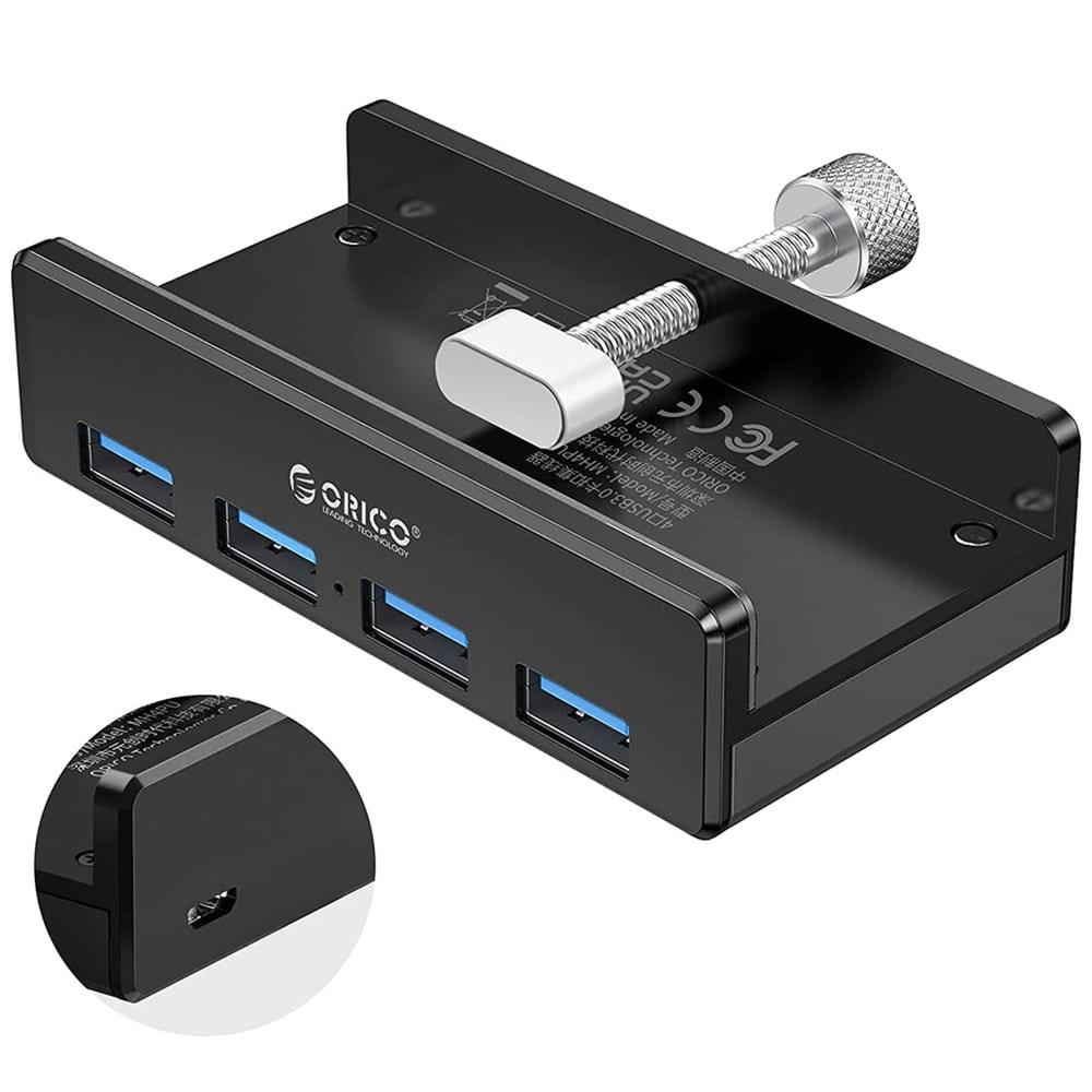 HUB, adapter do montażu na krawędzi biurka / blatu, Orico Clip Hub, 5x USB-A 3.0, MicroUSB, czarny