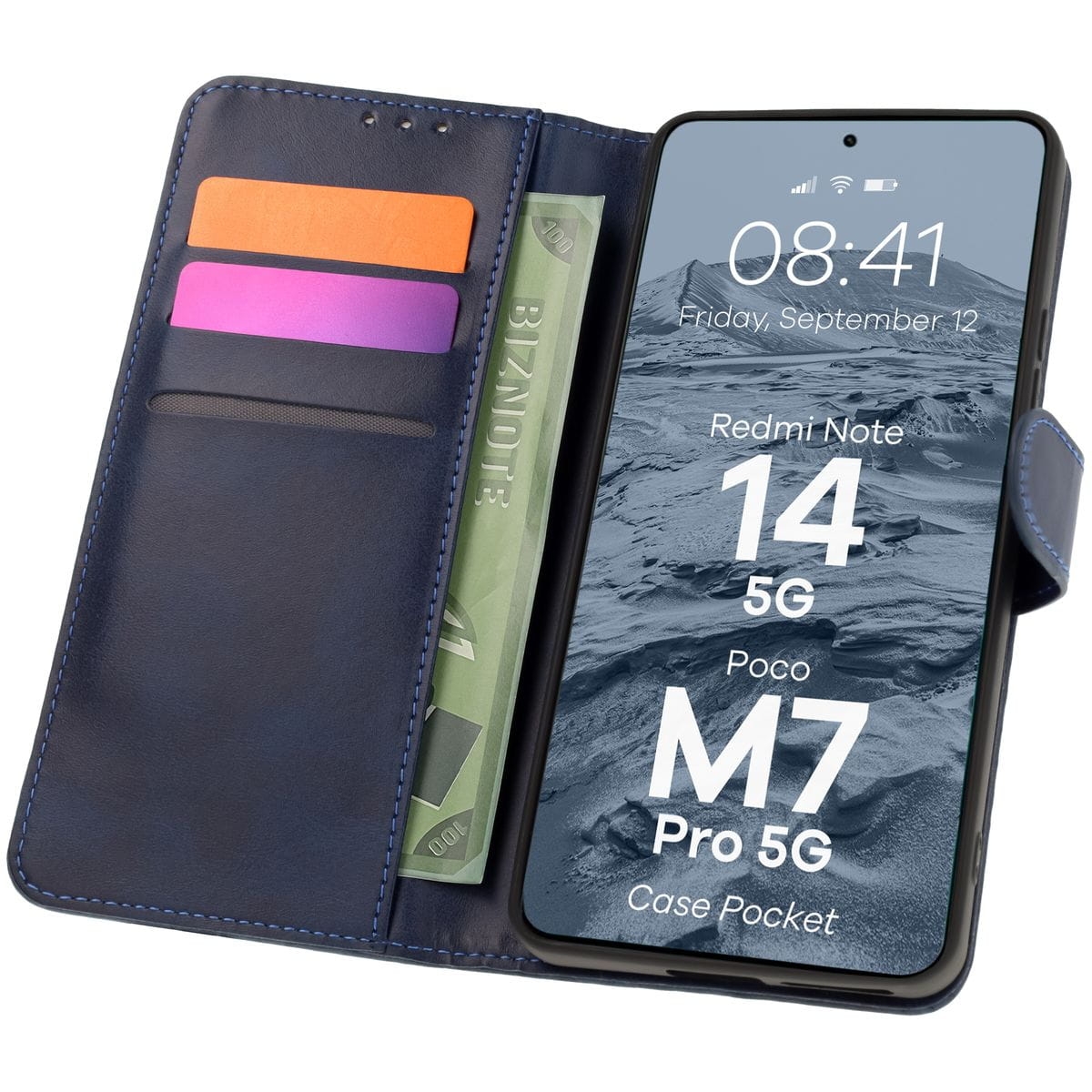 Image of Etui z klapką Bizon Case Pocket do Xiaomi Redmi Note 14 5G / Poco M7 Pro 5G, granatowe