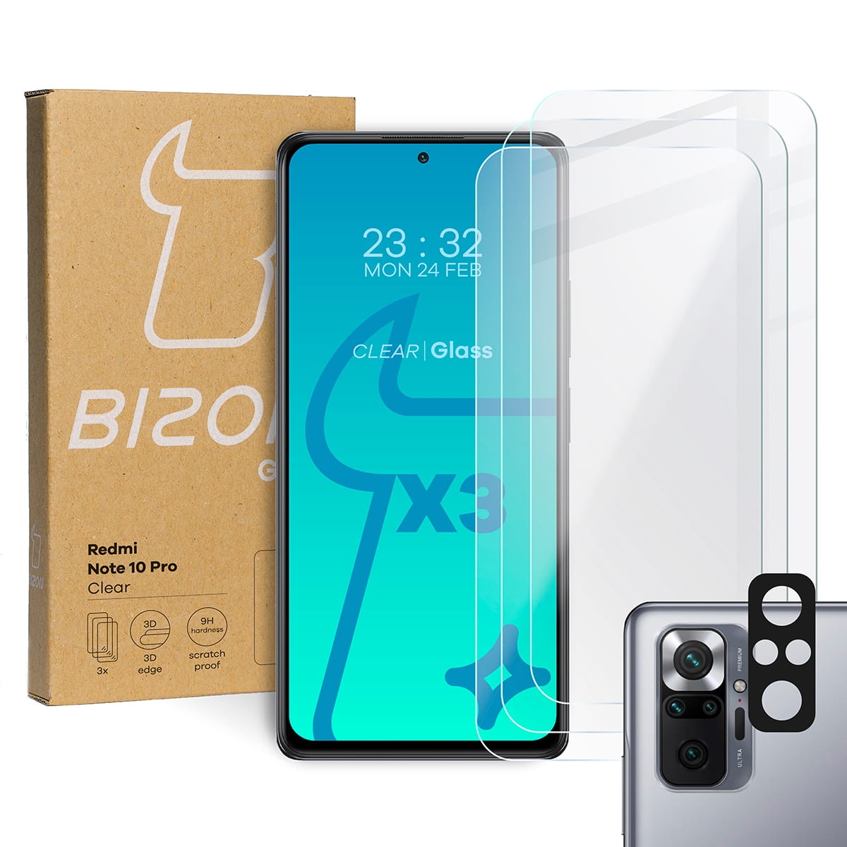 Image of 3x Szkło hartowane + szybka na aparat Bizon Glass Clear Pack, Redmi Note 10 Pro