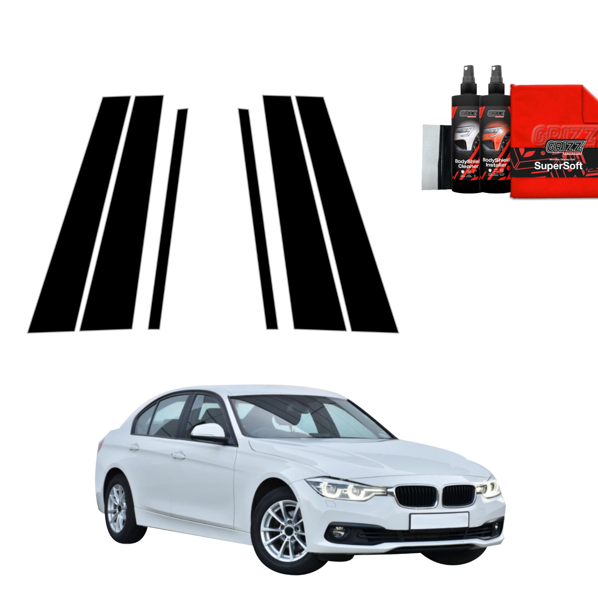 6w1 Czarna folia Grizz Protector na słupki do BMW 3 F30 Sedan LCI (2015-2018)